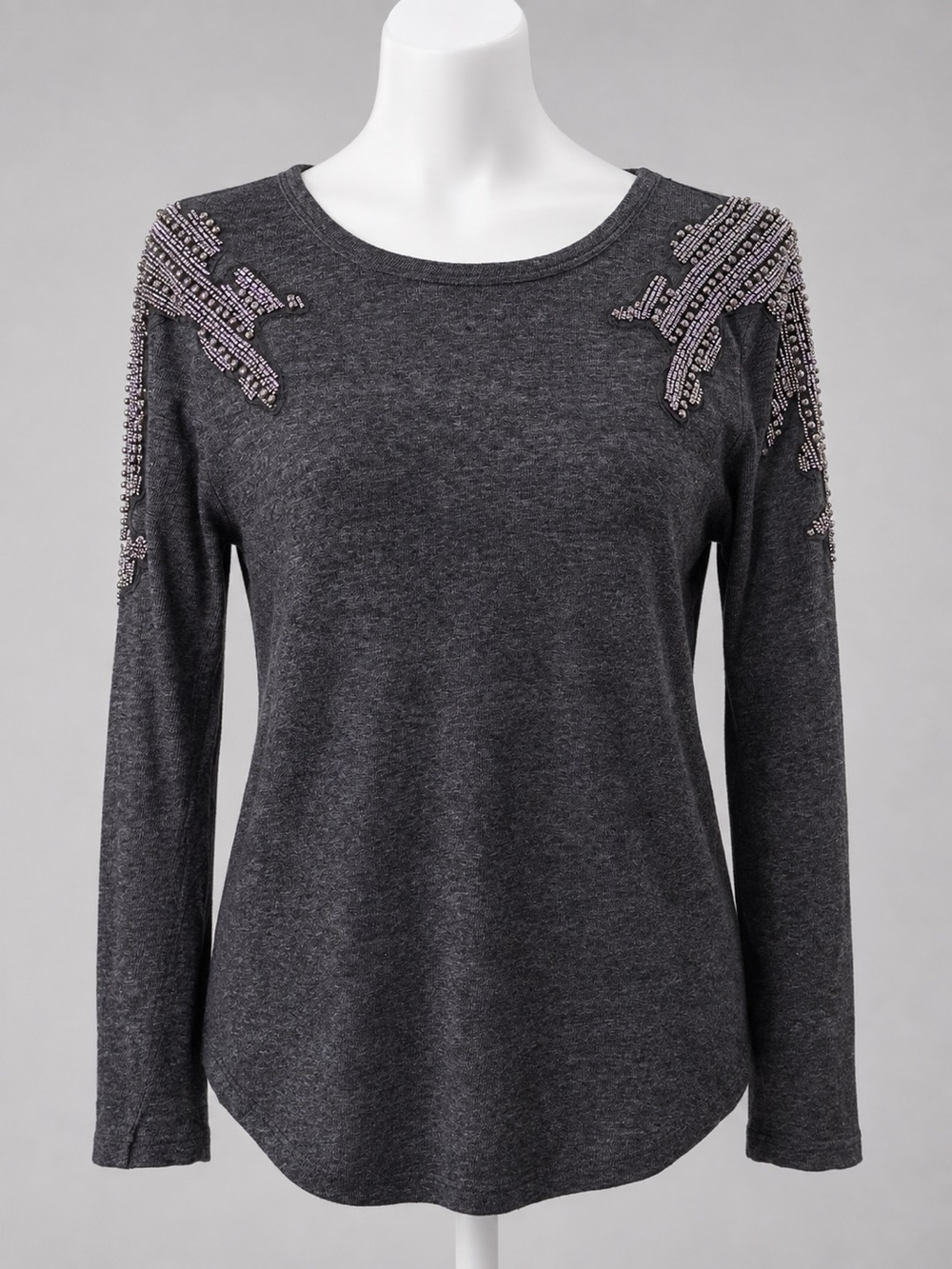 Zara Charcoal Gray Beaded Shoulder Sweater | Size 8